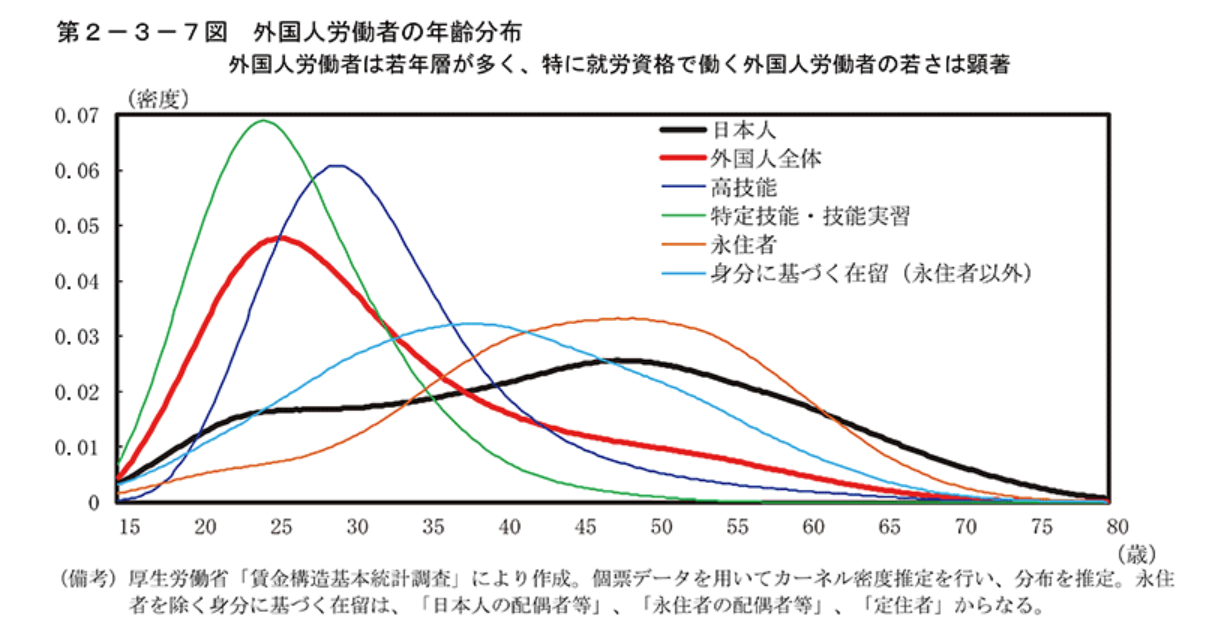外国人労働者の年齢分布の線グラフ画像